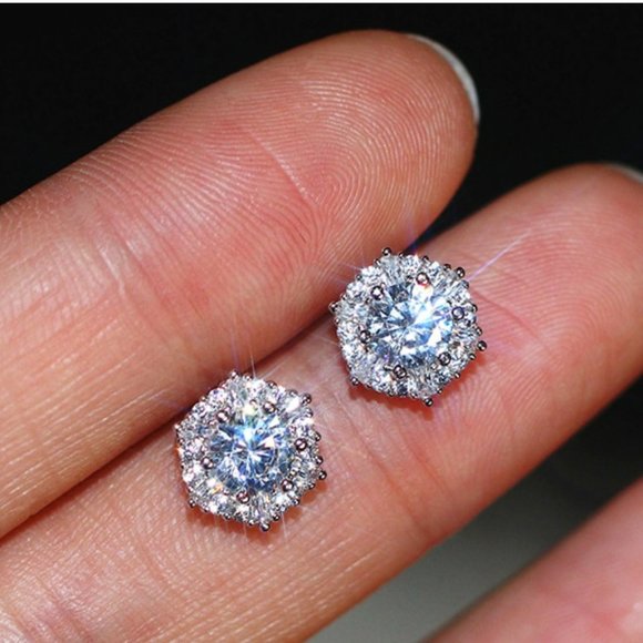 LiveChicStyle Jewelry - NEW Hexagon Cut Diamond Halo Silver Stud Earrings